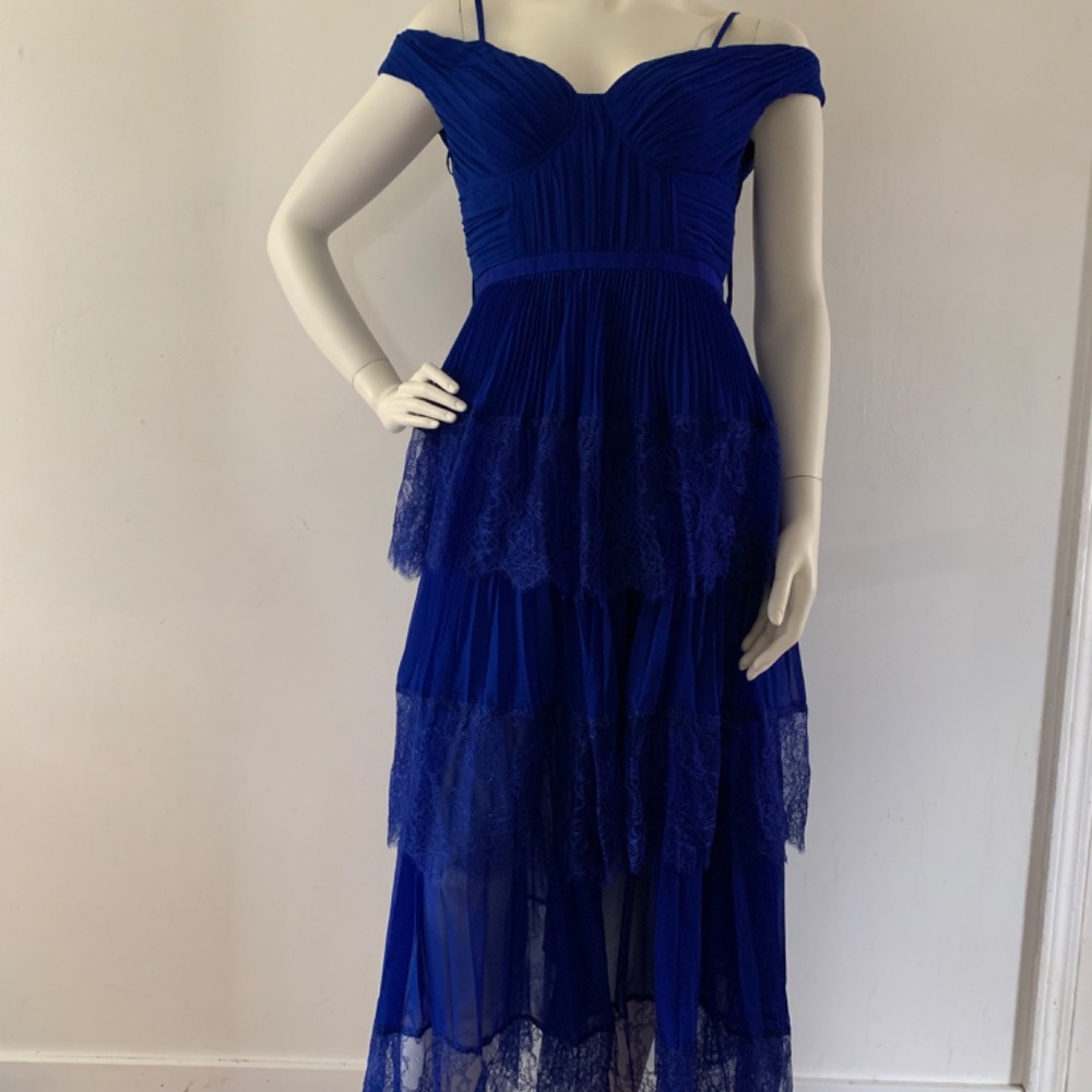 Cobalt Blue Self Portrait NWT Midi Pleated Tiered Off the Shoulder Dress